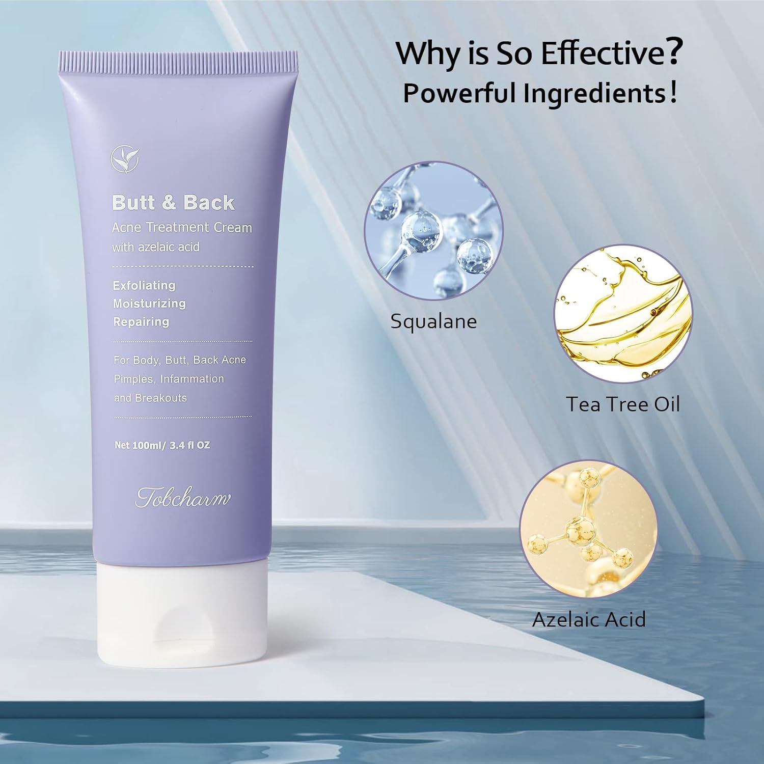 Tubo viola "Butt & Back Akne Creme" con ingredienti: squalano, olio di tea tree, acido azelaico. Testo.