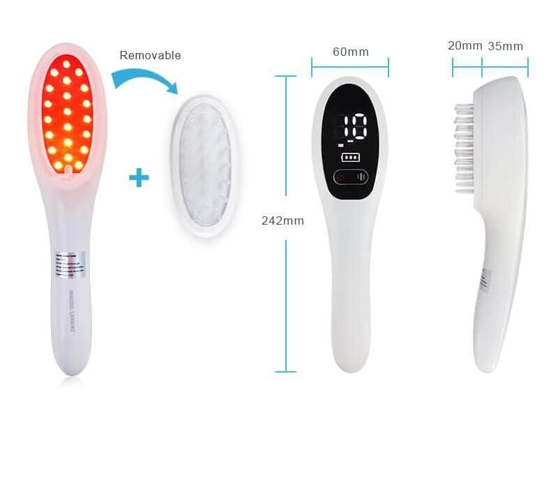 Pettini laser bianchi per la crescita dei capelli in diverse viste, inclusa una testina rimovibile e dimensioni.
