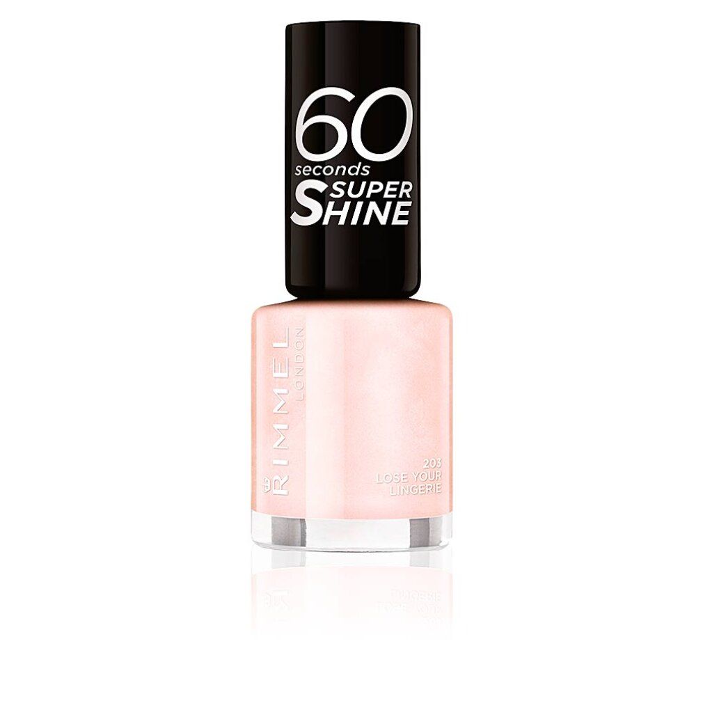 Smalto per unghie Rimmel London. Flacone rosa con tappo nero. Scritta: 60 seconds Super Shine. Tonalità: Lose Your Lingerie.