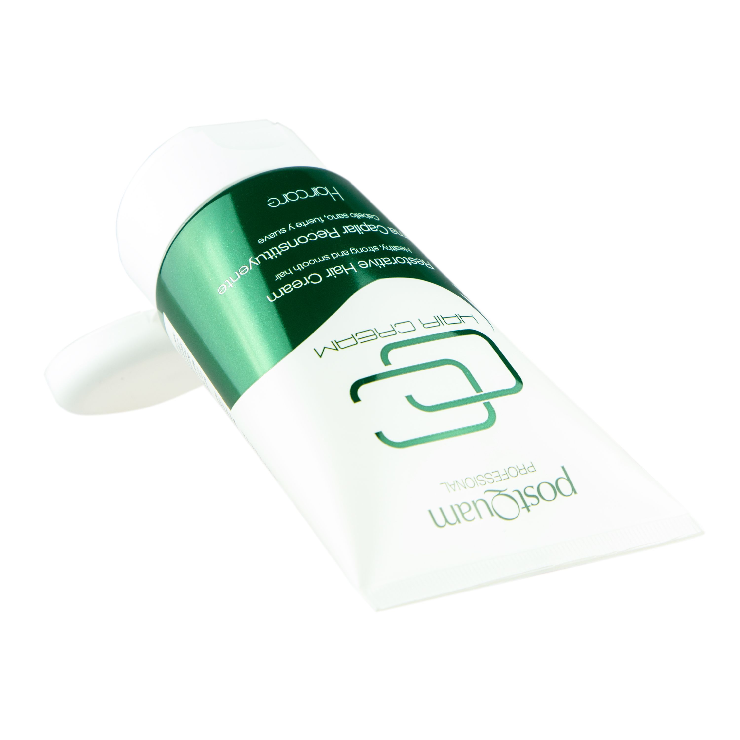 Tubo bianco e verde. Testo: Restorative Hair Cream, PostQuam Professional. Scritte in inglese e spagnolo.