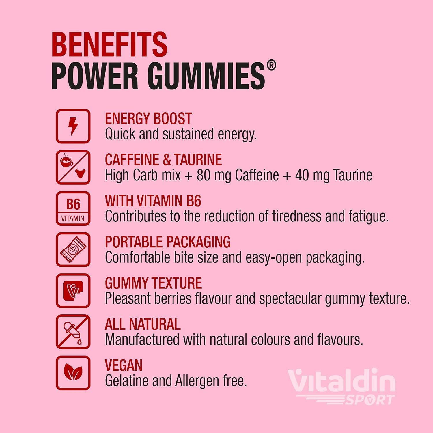 Testo con i vantaggi di Power Gummies. Energy boost, caffeina & taurina, vitamina B6, confezione portatile, consistenza gommosa, vegano.