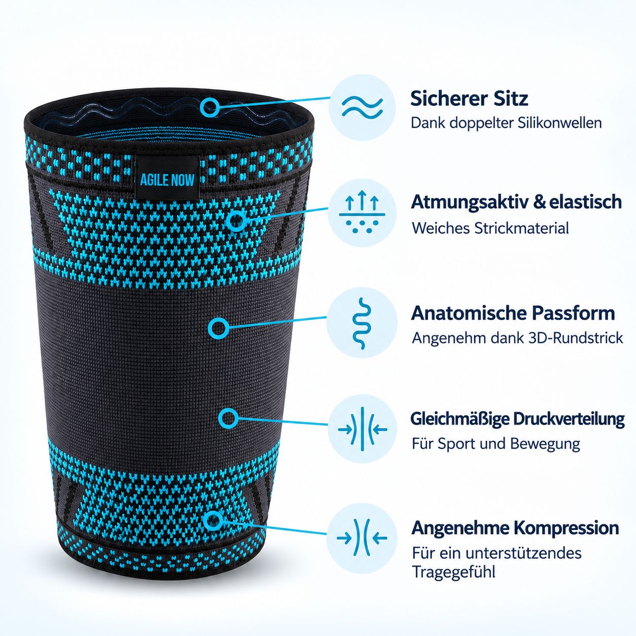 Fascia coscia AGILE NOW con strisce in silicone, traspirante ed elastica.