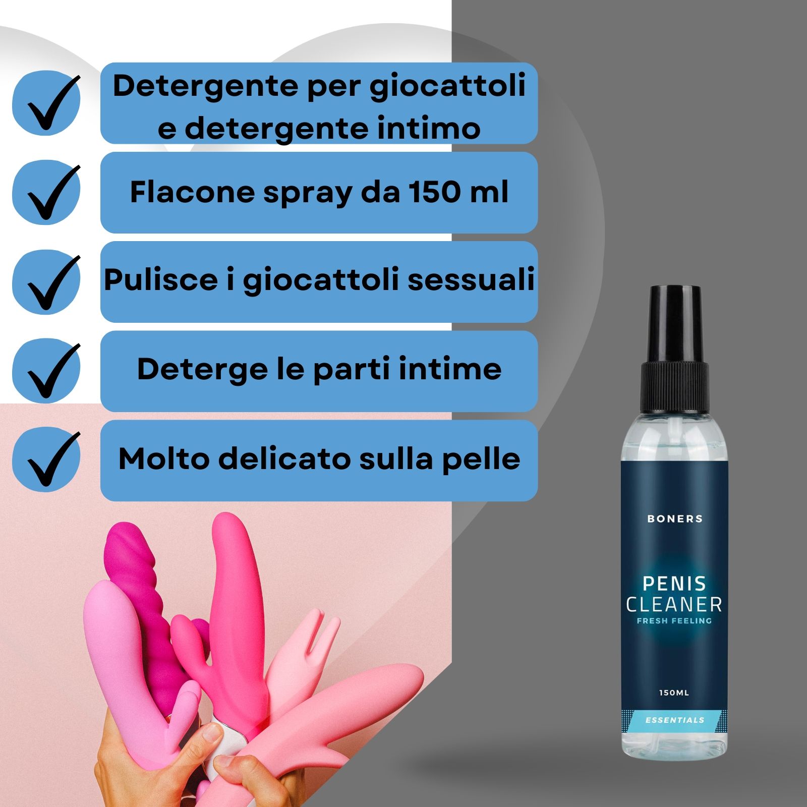 Flacone e spruzzo. Testo: Detergente intimo e per giocattoli, pulizia delicata della pelle e dei giocattoli.