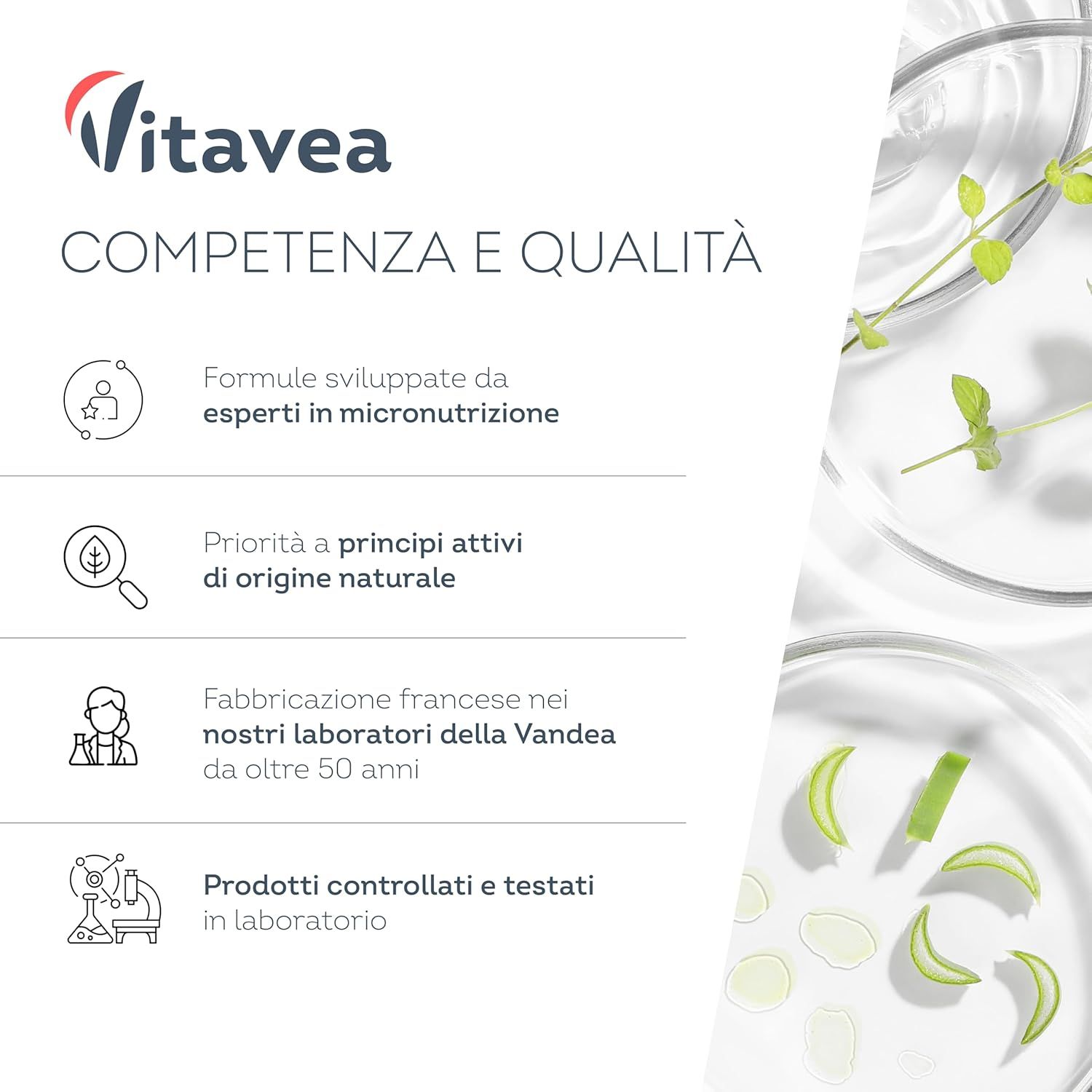 Testo: Competenza e qualità. Formule sviluppate da esperti. Ingredienti naturali. Fabbricazione francese.