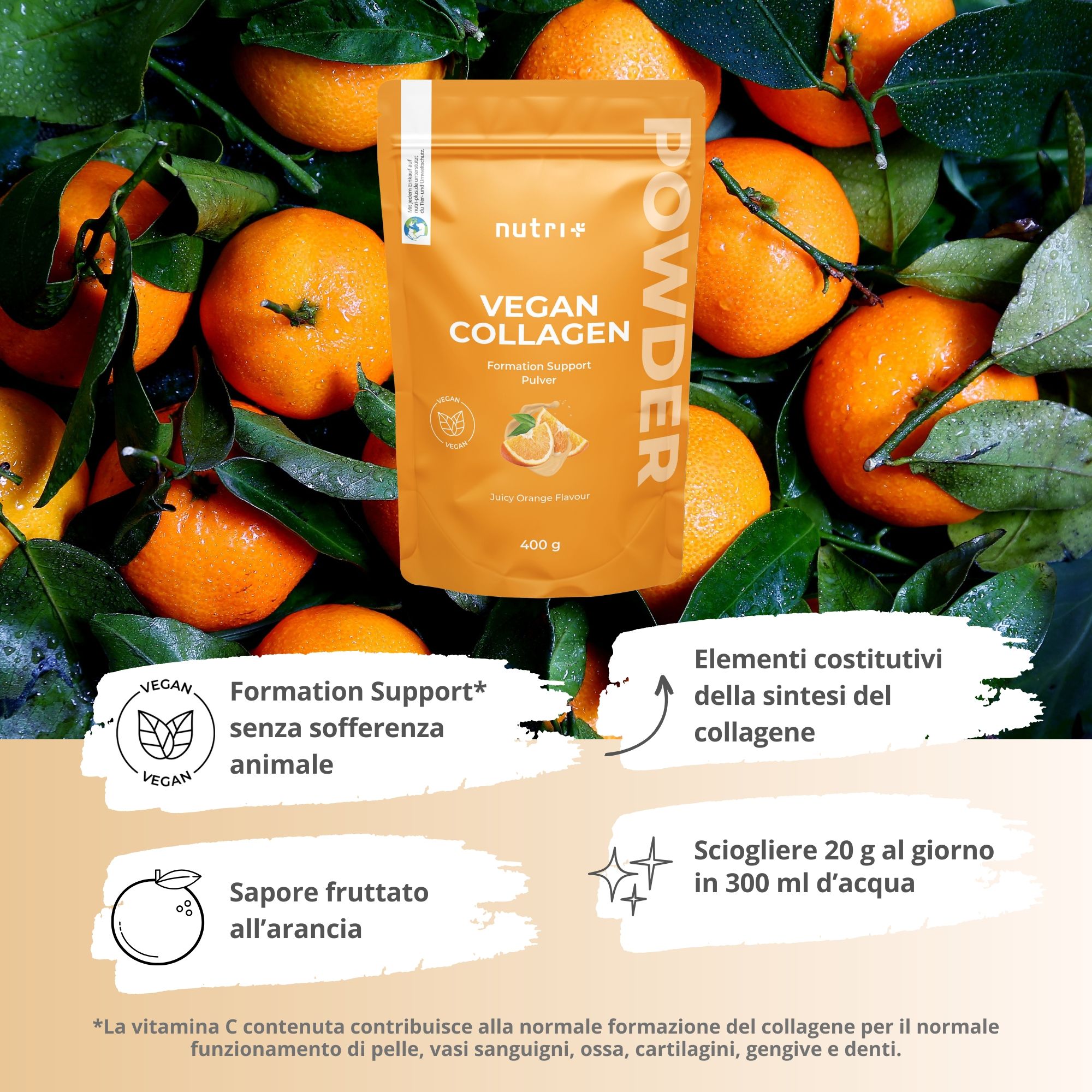 Grafica comparativa: nutri+ Vegan Collagen (sinistra) vs prodotti simili (destra).