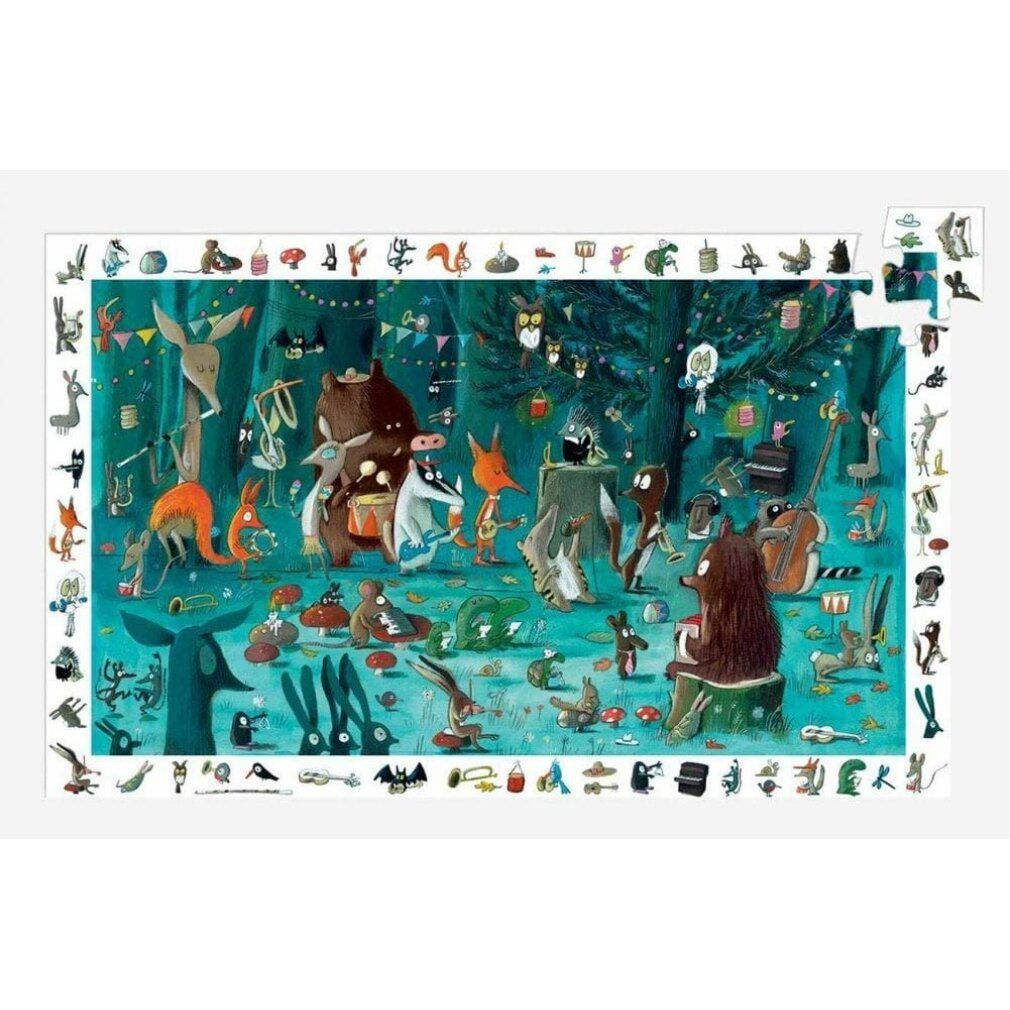 Puzzle con orchestra nella foresta, 35 pezzi. Animali suonano musica. Alcuni pezzi sono fuori dal puzzle.