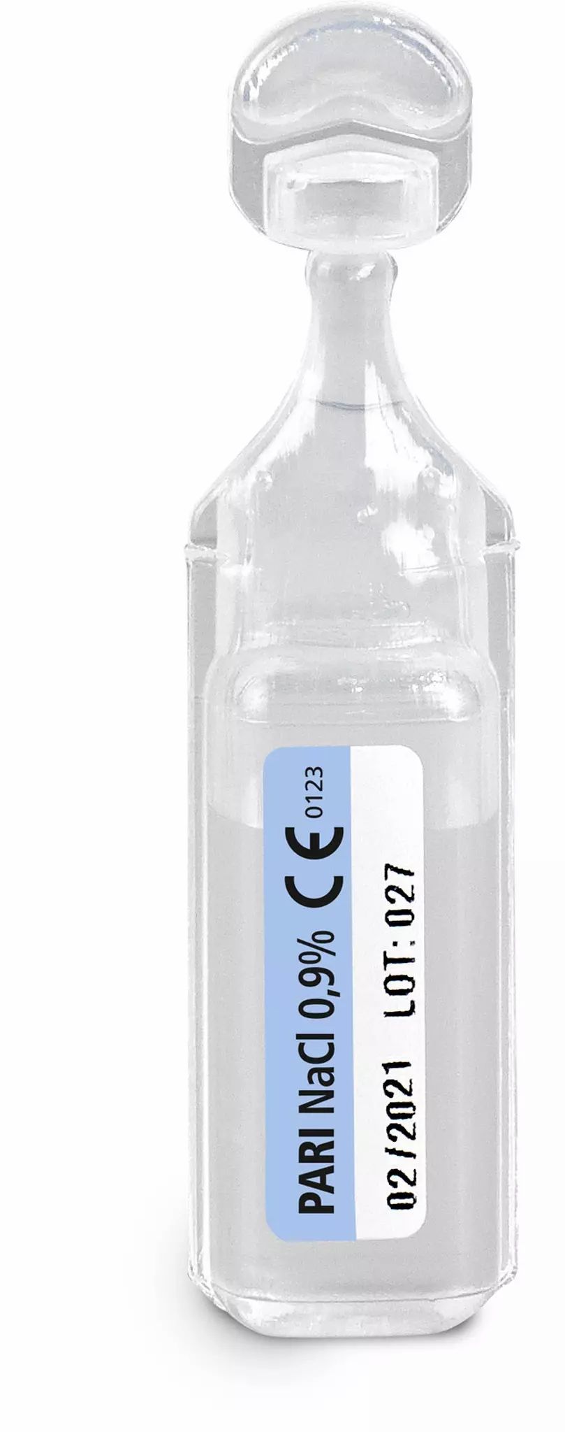 Soluzione salina sterile (0,9% NaCl) in fiala perforabile con marchio CE e numero di lotto.