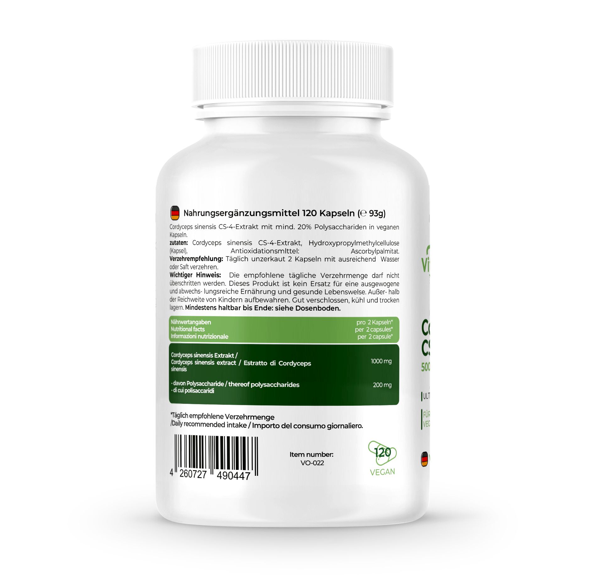 Retro di un flacone bianco. Testo: Integratore alimentare. 120 capsule. Ingredienti e raccomandazioni per l'uso. Sigillo vegano.