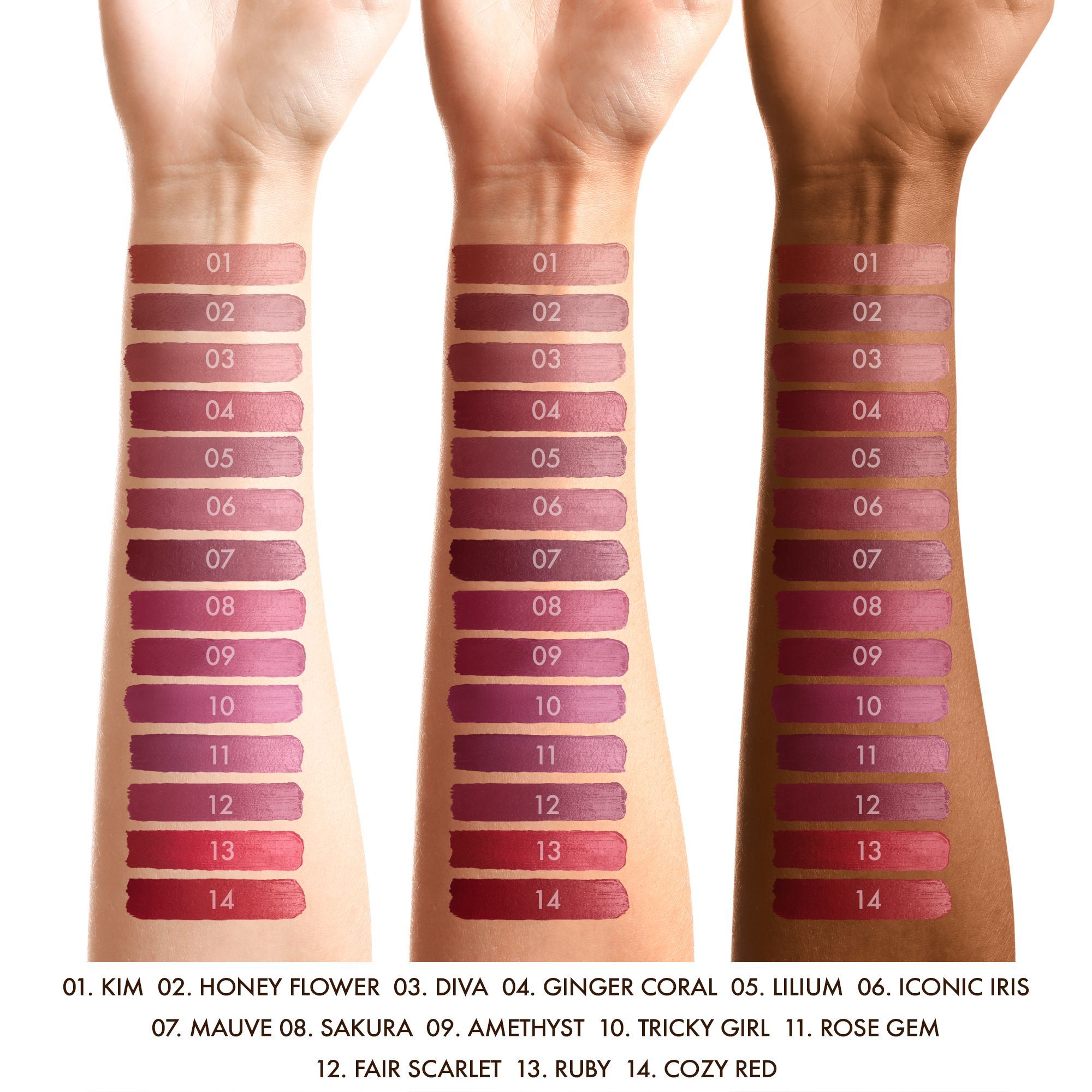 Tre braccia con campioni di rossetto in diverse tonalità di rosa. Sono indicati numeri e nomi dei colori.