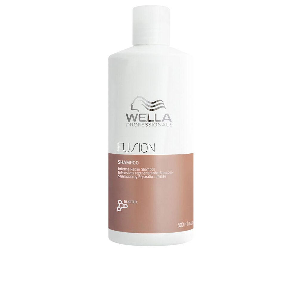 Flacone di shampoo bianco con sezione marrone. Scritta: WELLA PROFESSIONALS, FUSION, Shampoo, Intense Repair Shampoo. 500 ml.