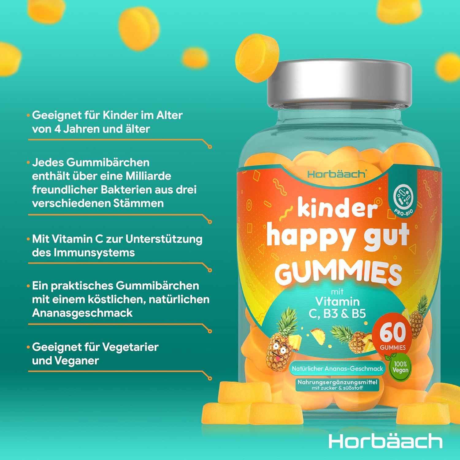 Barattolo di caramelle gommose. Scritta: kinder happy gut GUMMIES con Vitamina C, B3 & B5. 60 caramelle. Vegano. Per bambini dai 4 anni.