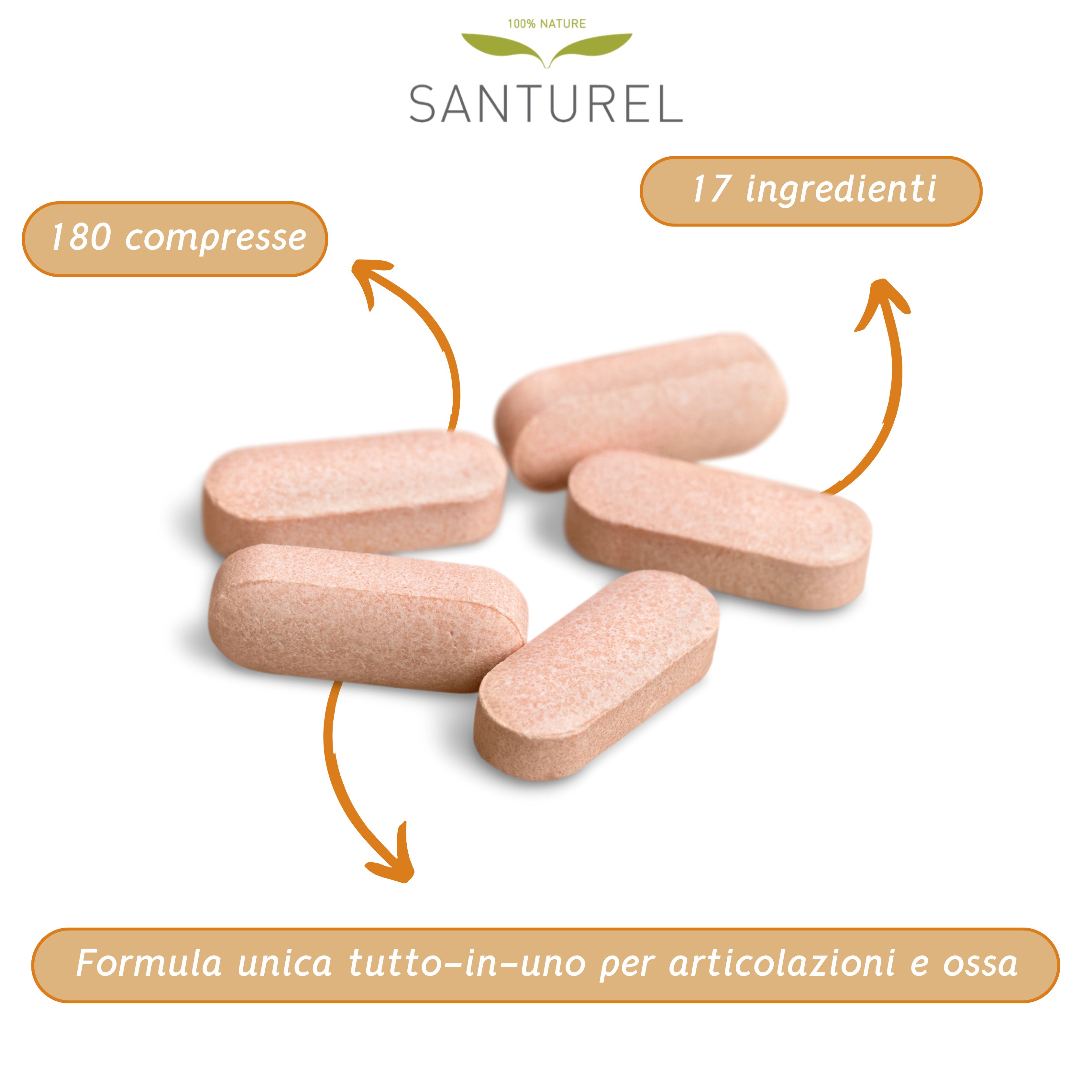 Cinque compresse rosa. Scritte: 180 compresse, 17 ingredienti. Testo: Formula unica tutto-in-uno per articolazioni e ossa.