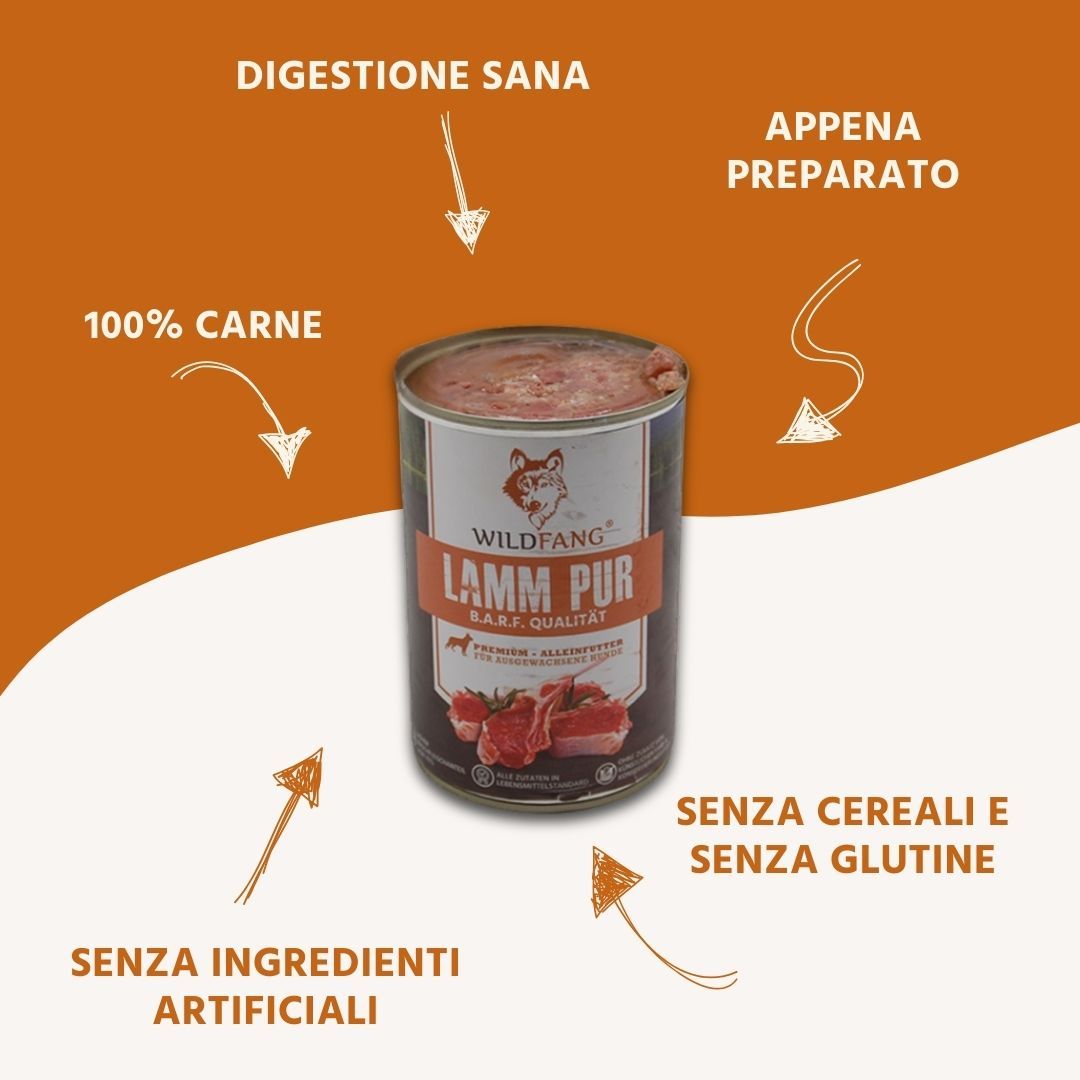 Lattina con etichetta. Scritta: WILDANG, LAMM PUR, B.A.R.F. QUALITÄT. Frecce indicano testo: 100% CARNE, DIGESTIONE SANA, SENZA CEREALI.