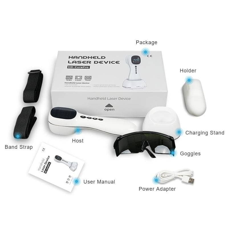 Dispositivo per terapia laser con accessori: base di ricarica, cinghia, occhiali, manuale.