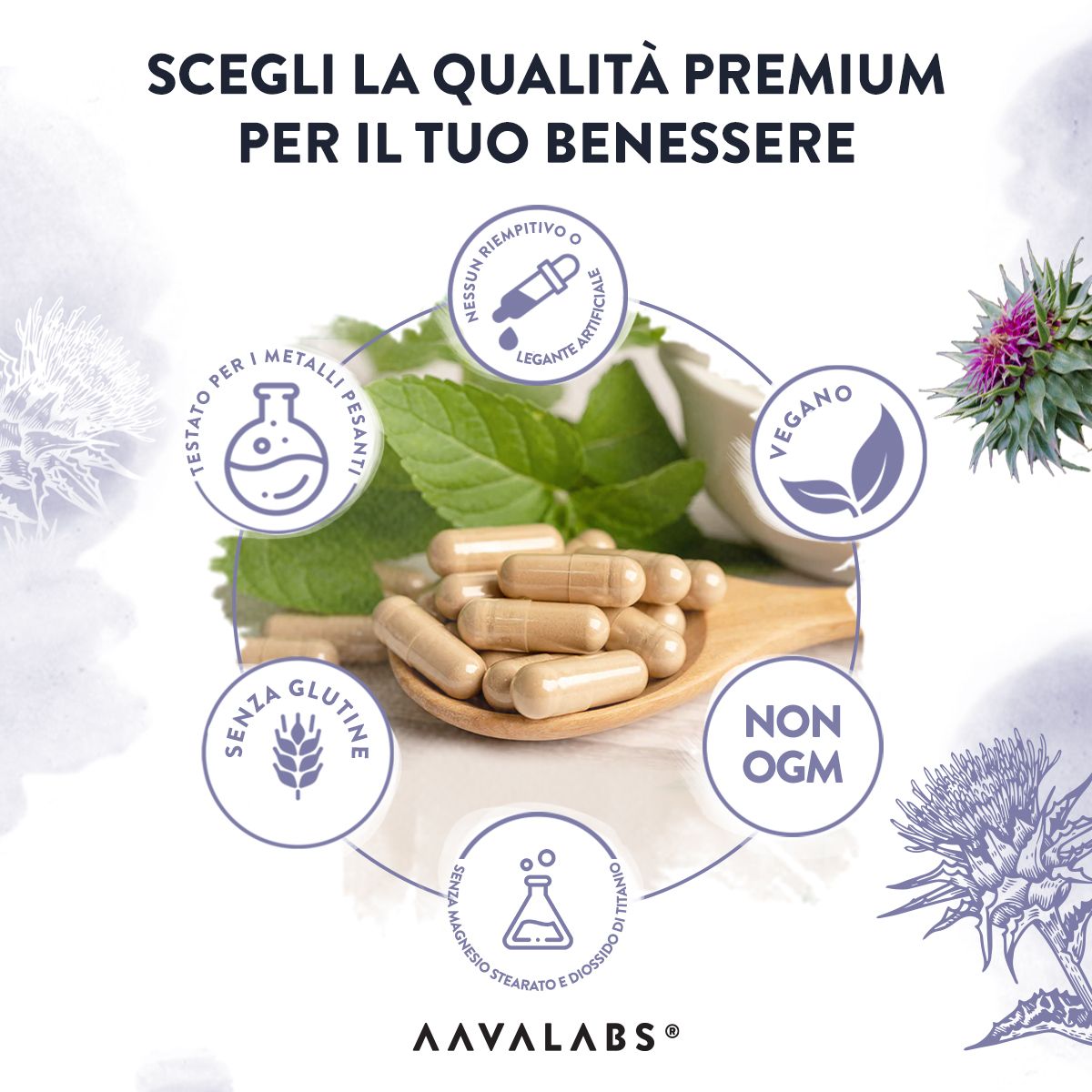 Capsule su un cucchiaio, circondate da illustrazioni. Marchio: Aavalabs. Senza glutine, vegano, senza OGM.