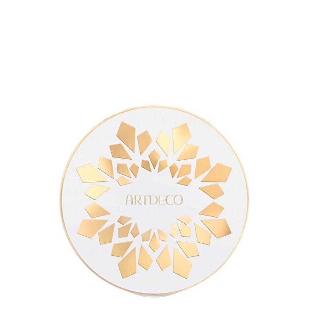 Confezione di polvere Artdeco rotonda chiusa. Bianca con elementi geometrici dorati e nome del marchio.