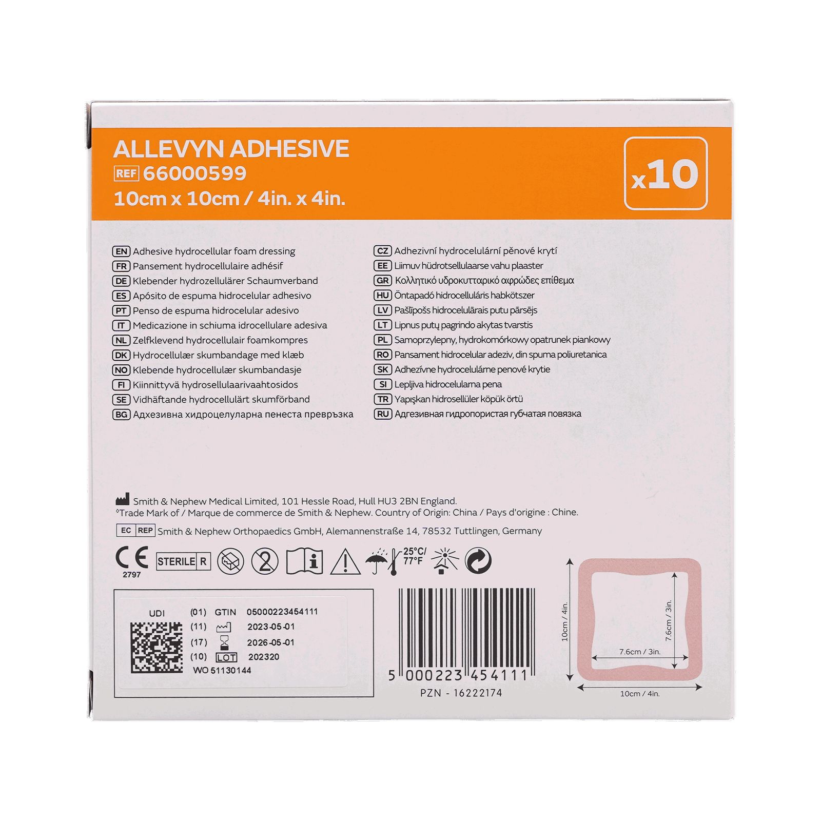 Retro della confezione ALLEVYN ADHESIVE. Informazioni sul prodotto, dimensioni, dettagli del produttore, numero di lotto e codice a barre.