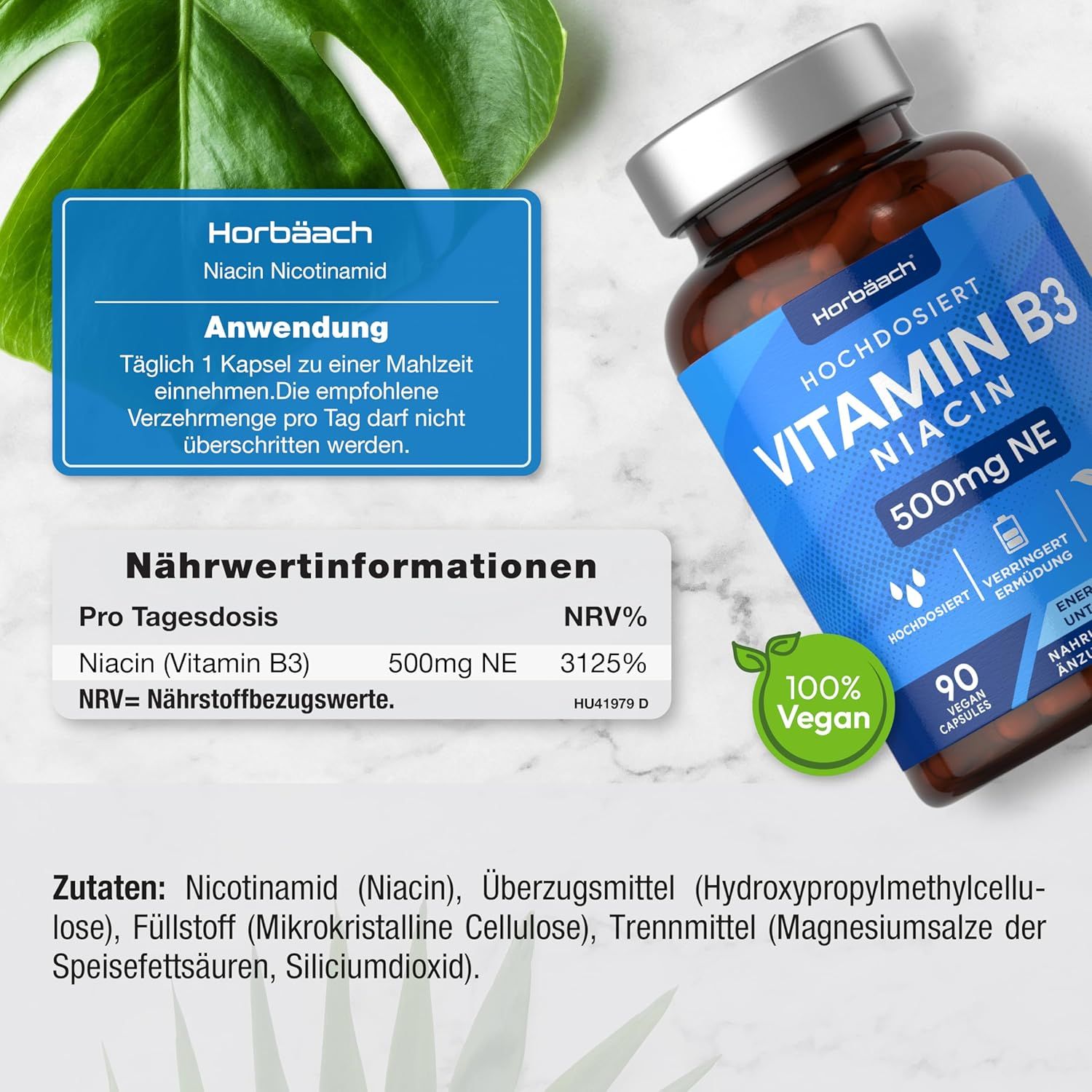 Flacone marrone con testo blu. Contiene 90 capsule di vitamina B3 Niacina 500mg. Vegano. Horbaach. Testo: Uso, informazioni nutrizionali.