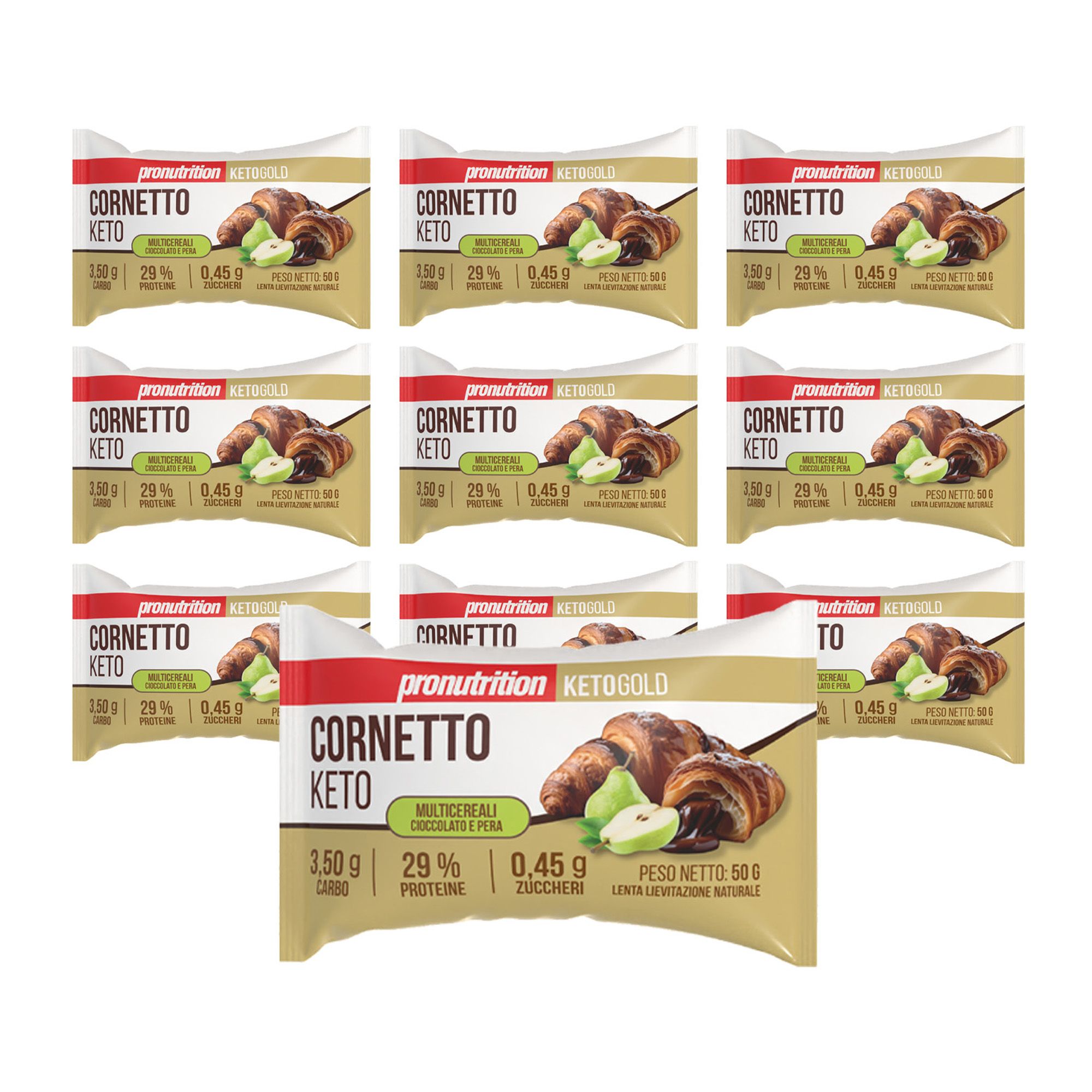 Pronutrition Cornetto Keto Multicereali - 10 pezzi 50g - Cioccolato e pera - Basso carboidrati