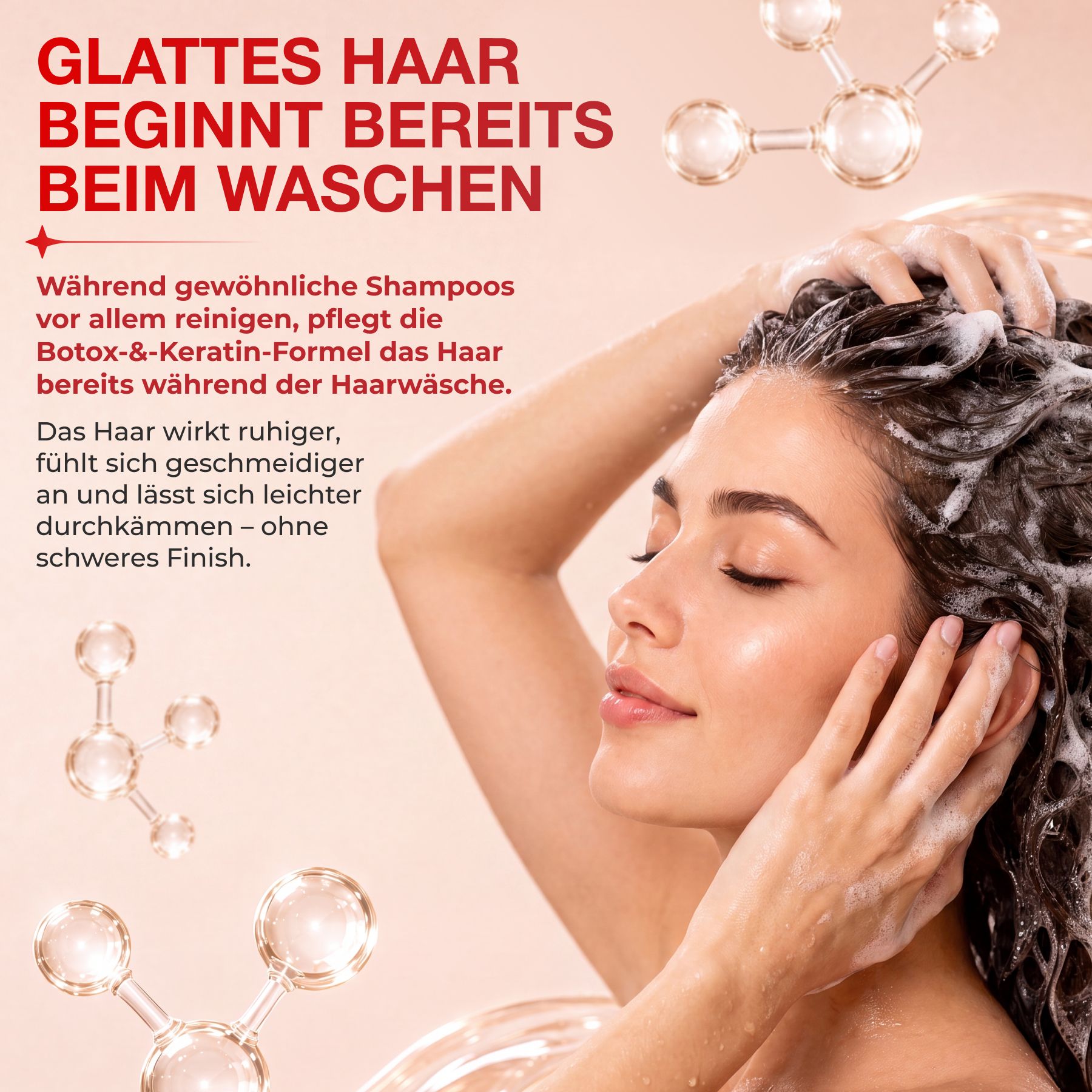 Donna si lava i capelli con shampoo schiumoso. Grafiche molecolari sullo sfondo.