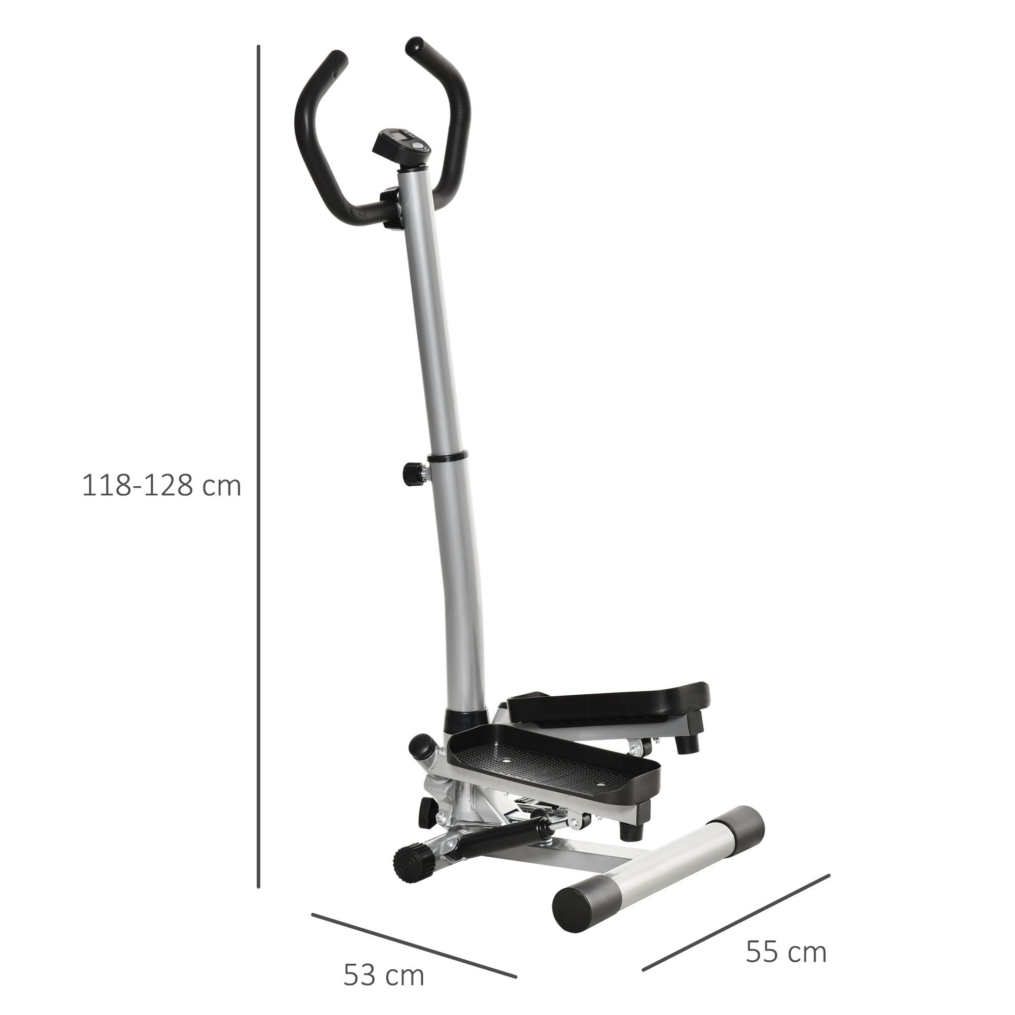 Stepper con dimensioni: 53cm x 55cm, altezza 118-128cm. Pedane nere, colonna e base argentate. Maniglie nere.