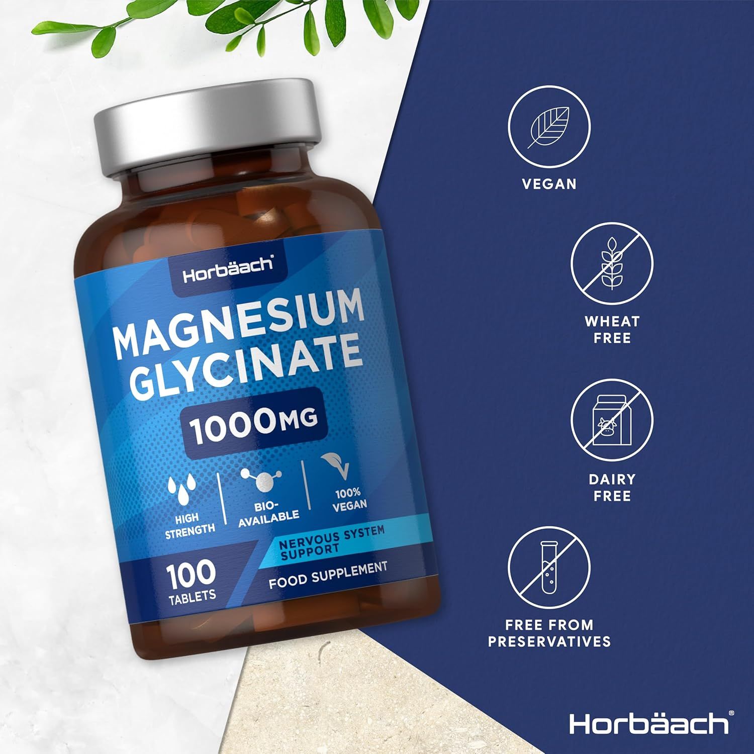 Flacone marrone con etichetta blu. Magnesium Glycinate 1000mg, 100 compresse. Vegano, senza grano, senza latticini, senza conservanti.