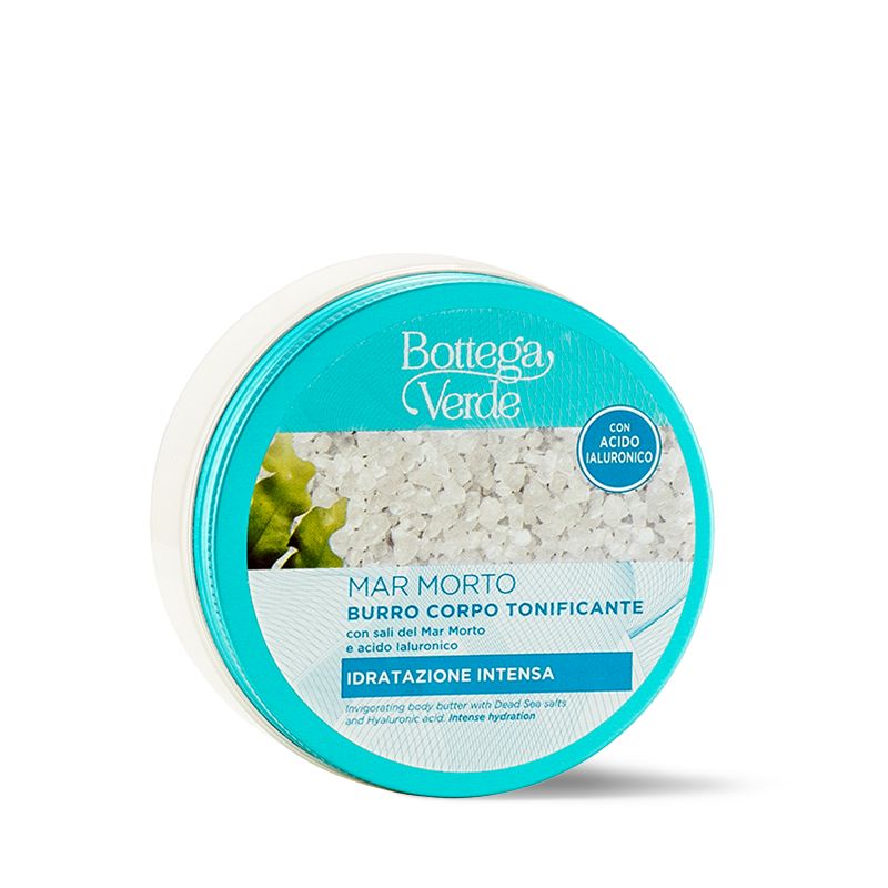 Vasetto rotondo con coperchio verde. Scritta: Bottega Verde, MAR MORTO, Burro corpo tonificante. Con sale e acido ialuronico.
