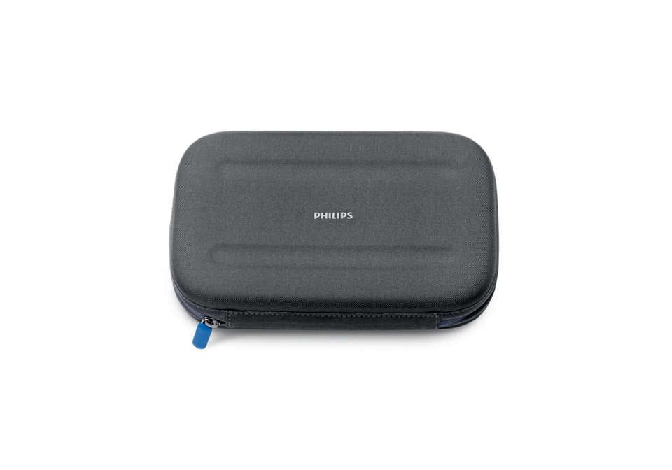 Custodia da viaggio grigia con cerniera e tiretto blu. Logo Philips in alto.