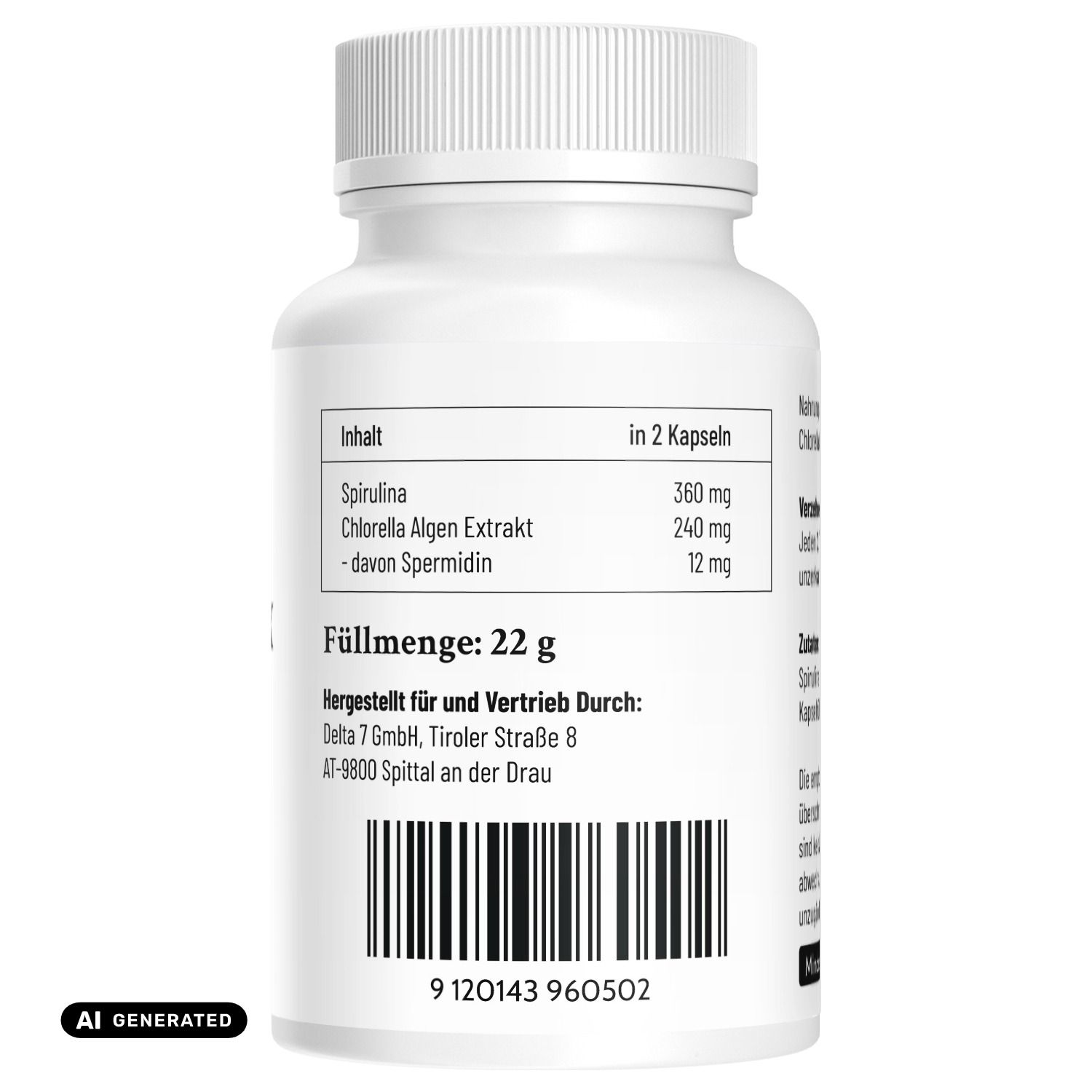 Flacone bianco di capsule con etichetta posteriore che elenca ingredienti come spirulina ed estratto di alga Chlorella.