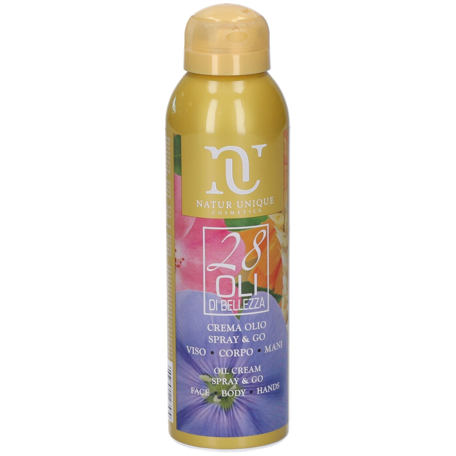 Flacone spray giallo con design floreale. Scritta: Natur Unique, 28 Oli di Bellezza, Spray & Go. Per viso, corpo e mani.