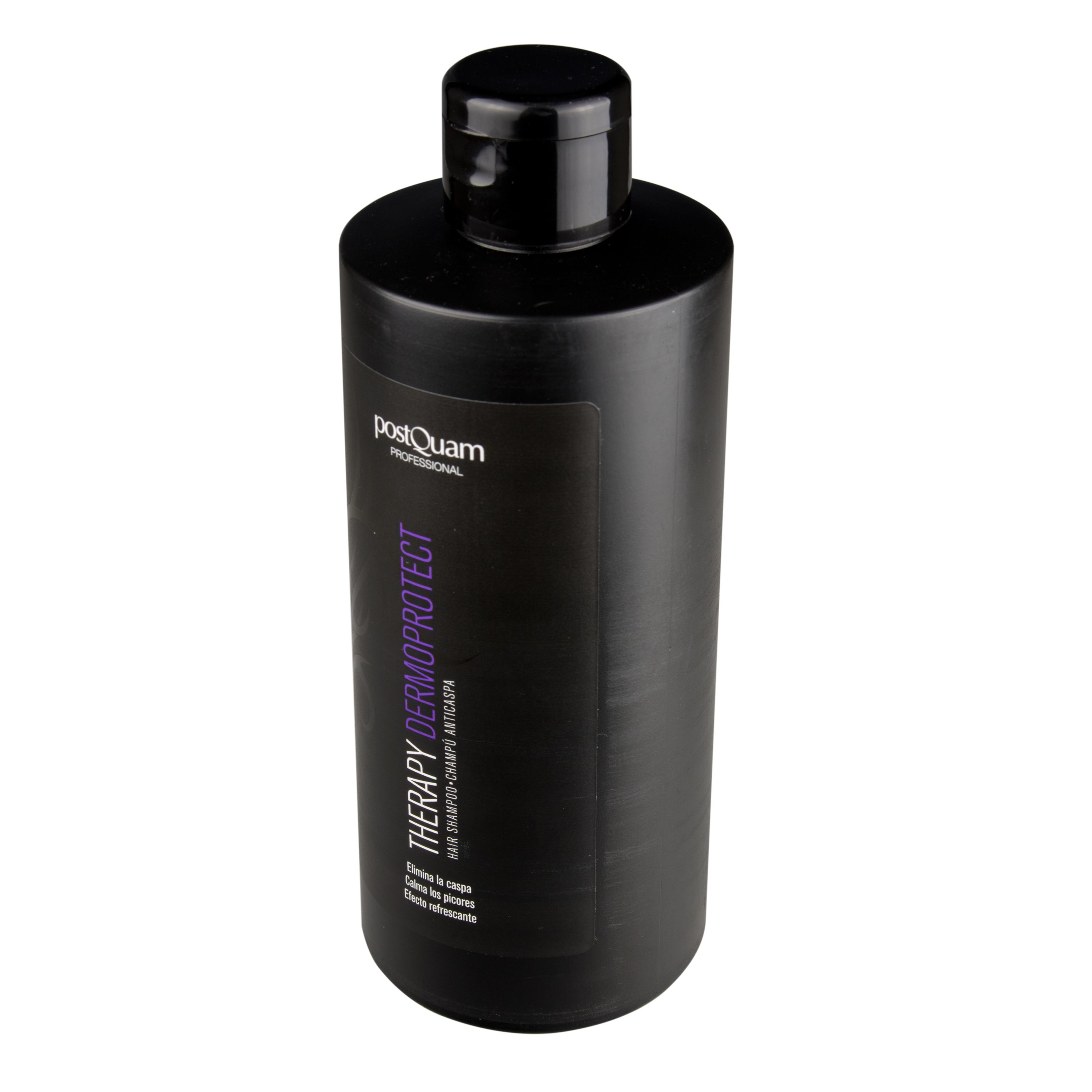 Flacone di shampoo nero con etichetta. Scritta: PostQuam Dermoprotect. Testo: Therapy, Hair Shampoo, Anti-forfora.