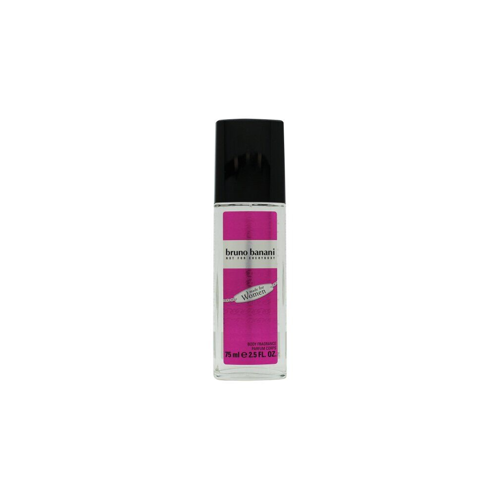 Flacone di vetro deodorante con tappo nero ed etichetta rosa. Scritta: bruno banani Made For Women.
