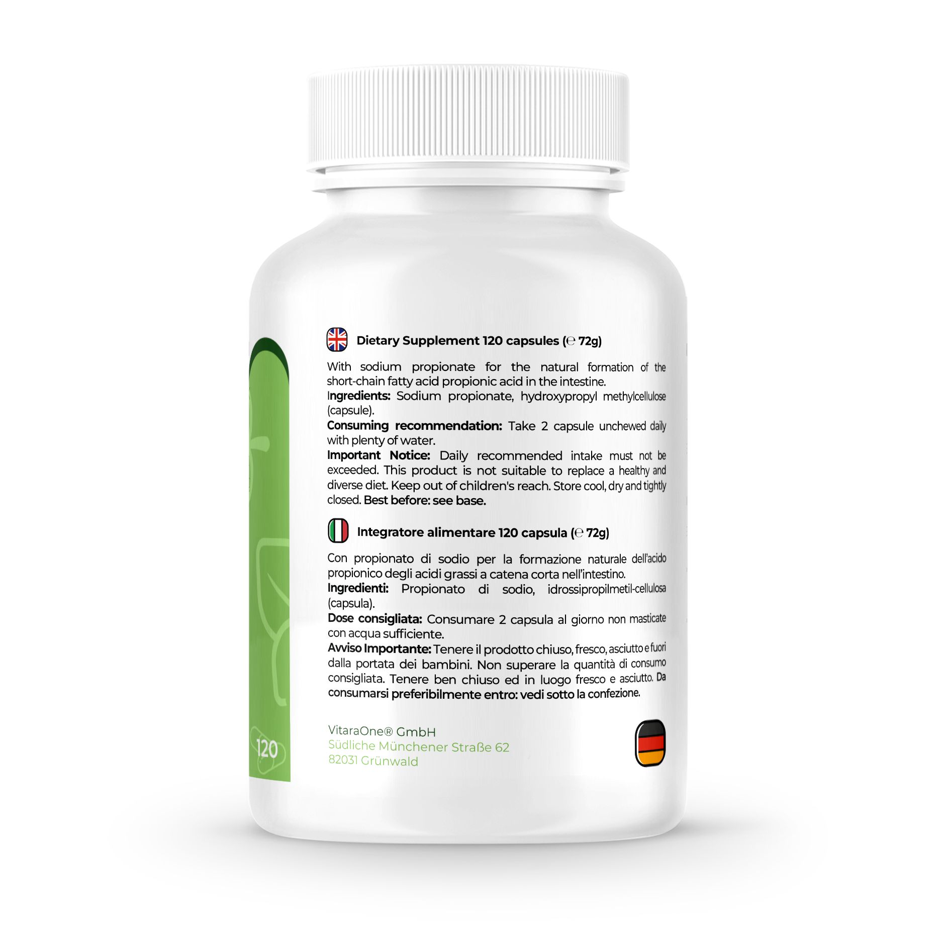 Retro di flacone bianco. Etichetta con testo: Integratore alimentare, 120 capsule. Ingredienti, raccomandazioni, avviso importante.