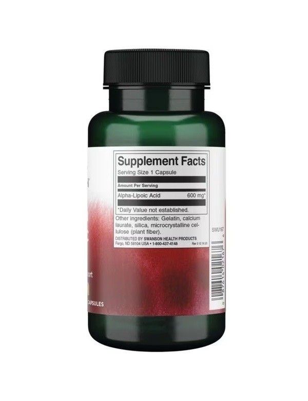 Retro di un flacone verde scuro. Etichetta con informazioni nutrizionali e ingredienti. Logo "SWANSON".
