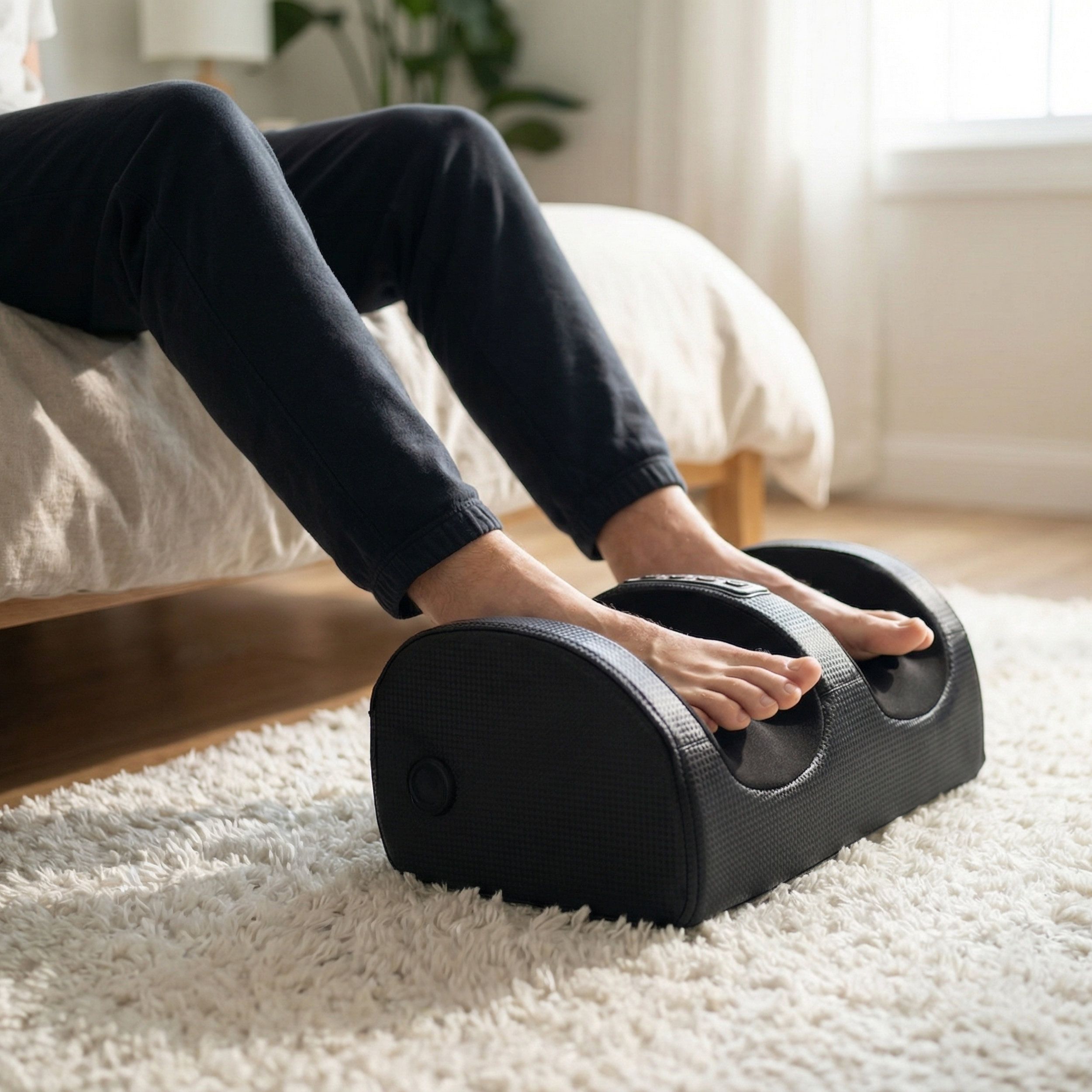 Massaggiatore per piedi nero su tappeto. Piedi nel dispositivo. Pannello comandi. Cavo.