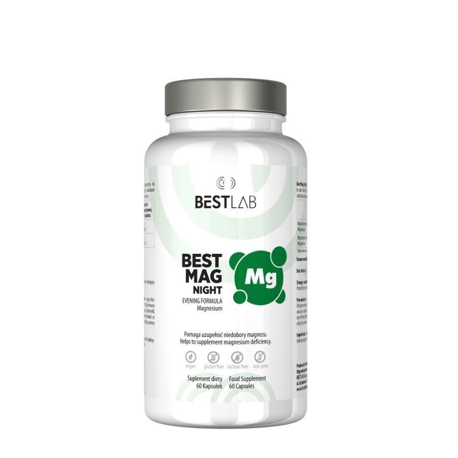 Un flacone di integratore alimentare. Scritta: BEST LAB BEST MAG NIGHT. Integratore di magnesio.
