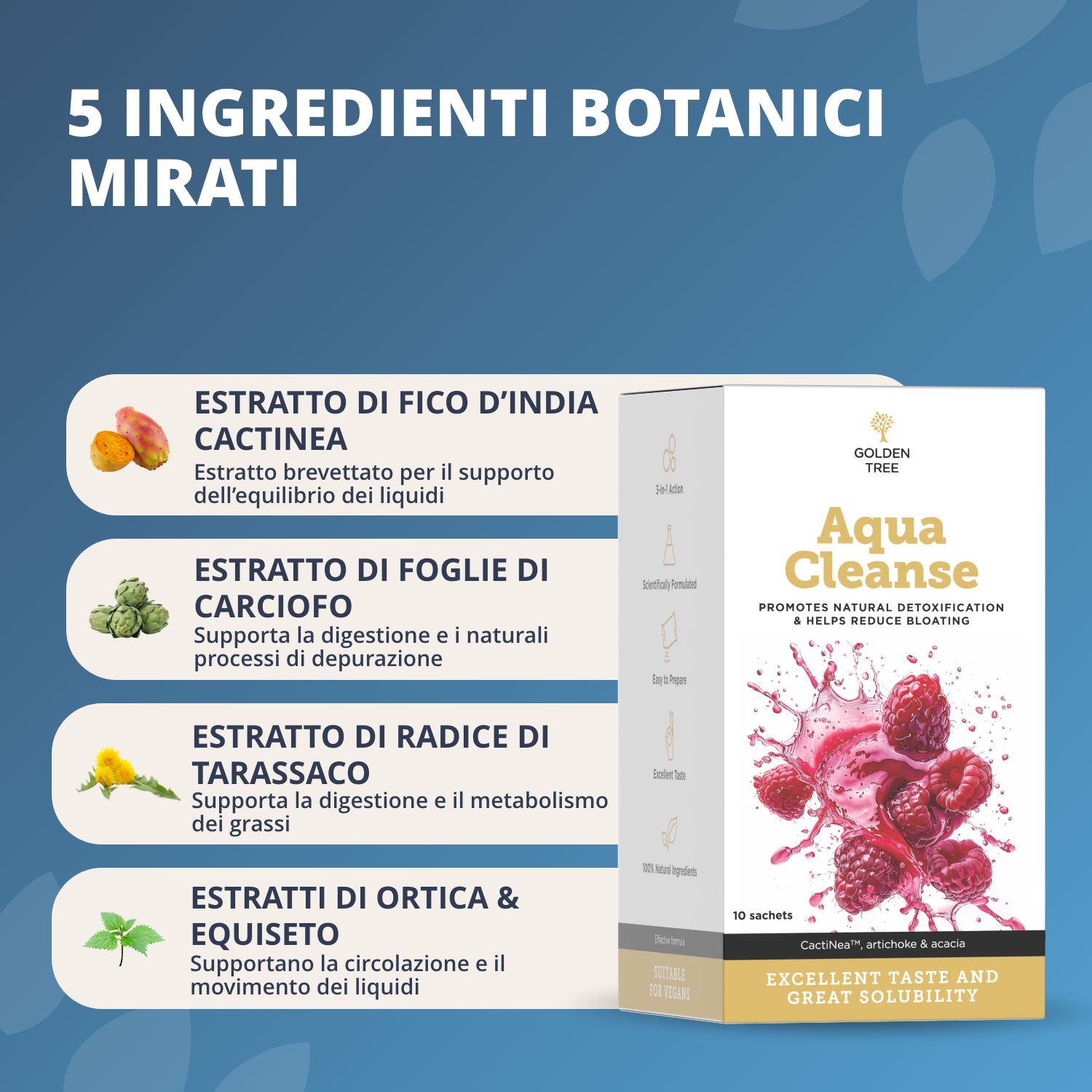Golden Tree Aqua Cleanse: 5 ingredienti botanici mirati. Estratto di fico d'India, estratto di foglie di carciofo, estratto di radice di tarassaco, estratti di ortica ed equiseto.