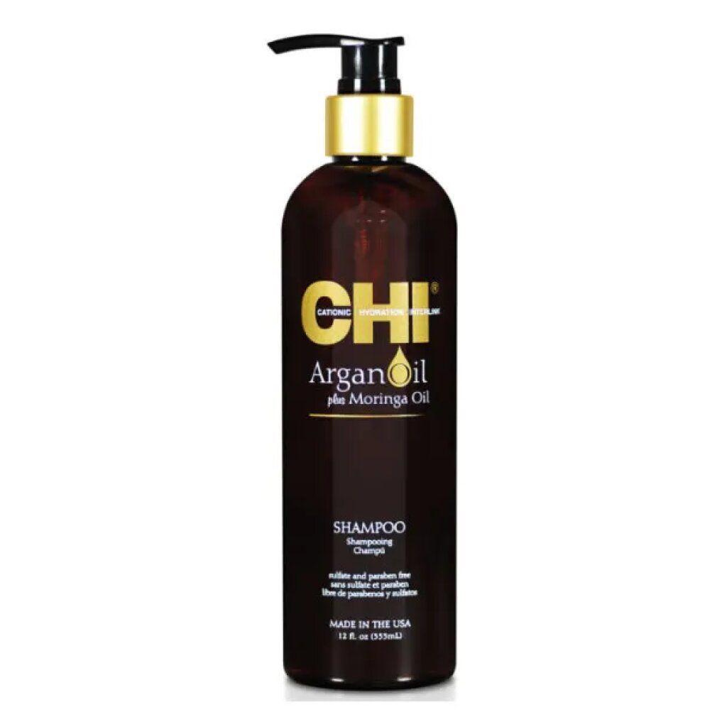 Flacone marrone di shampoo CHI Argan Oil. Erogatore dorato. Testo: Shampoo, olio di argan più moringa.
