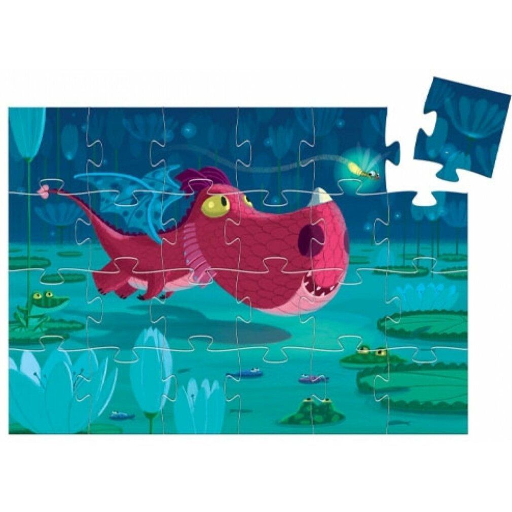 Puzzle con illustrazione di drago. Drago rosso con ali blu in un paesaggio acquatico. 24 pezzi. Un pezzo accanto.