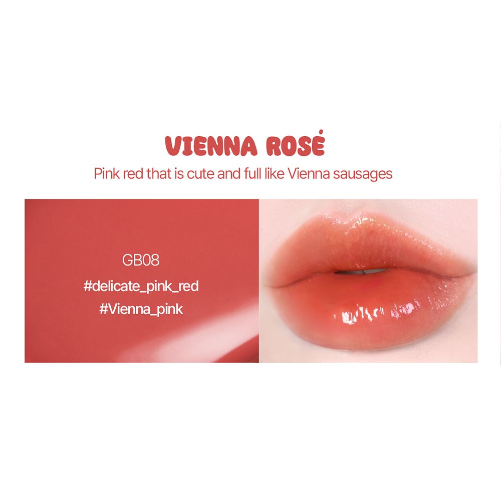 Immagine del prodotto con labbra e campione di colore. Testo: VIENNA ROSE, GB08, #delicate_pink_red, #Vienna_pink.