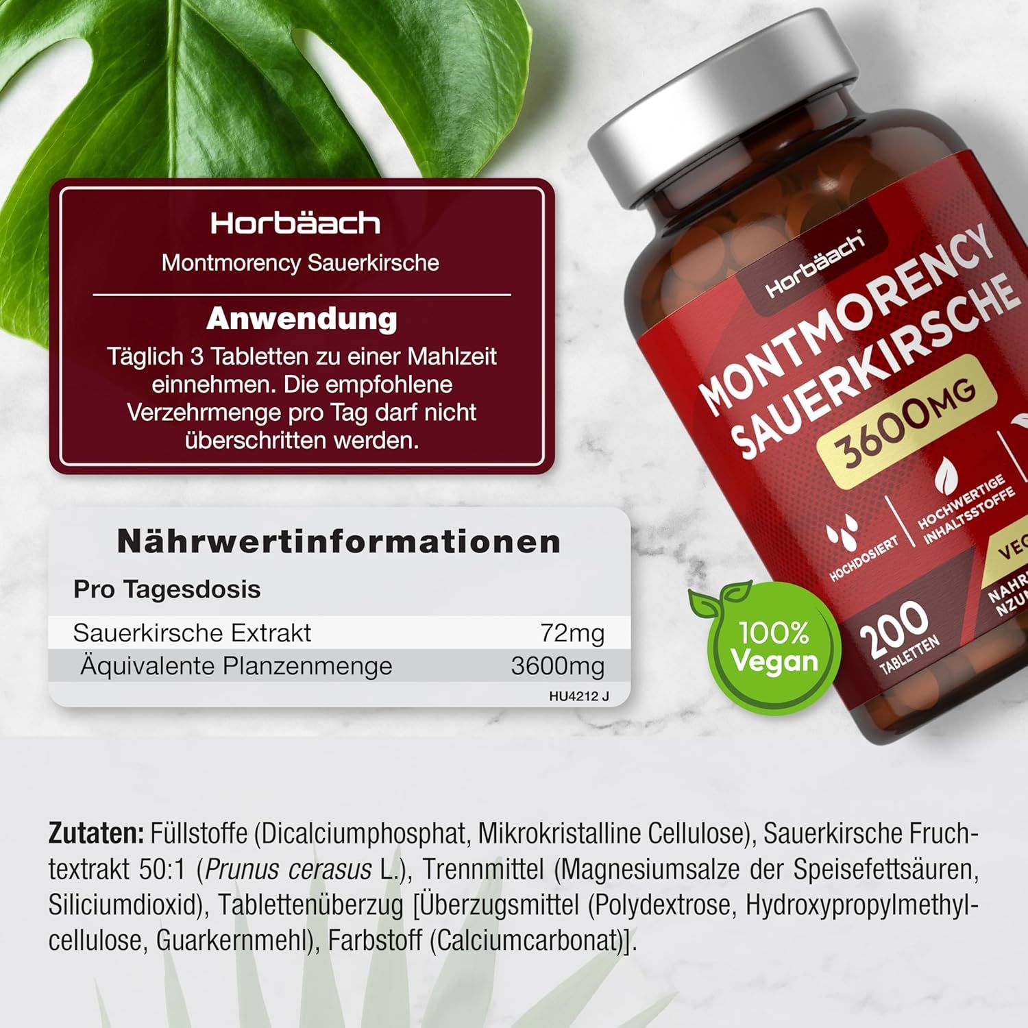 Primo piano del flacone di compresse con informazioni. Contiene informazioni nutrizionali e ingredienti. Sigillo 100% Vegano.