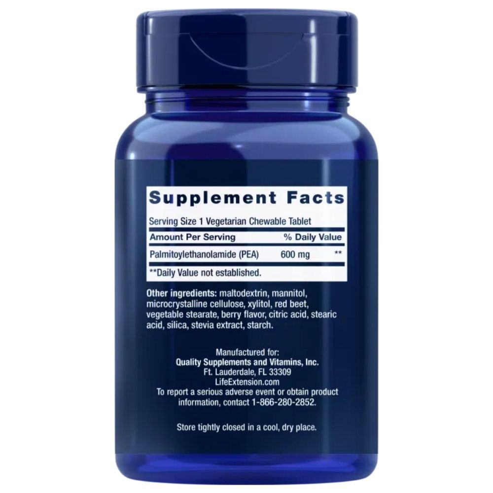 Retro della bottiglia: Supplement Facts, 600 mg di Palmitoylethanolamide (PEA) per porzione.