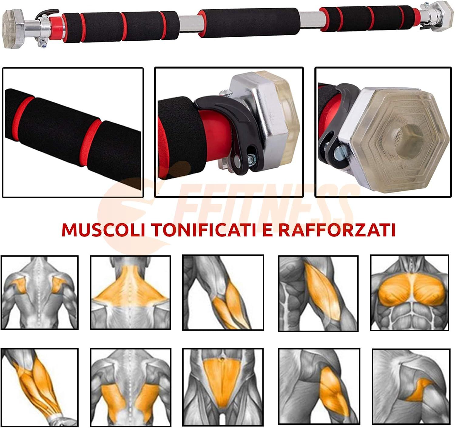 Barra per trazioni con dettagli. Maniglie nere, dettagli rossi. Fissaggio esagonale. Illustrazioni muscolari.