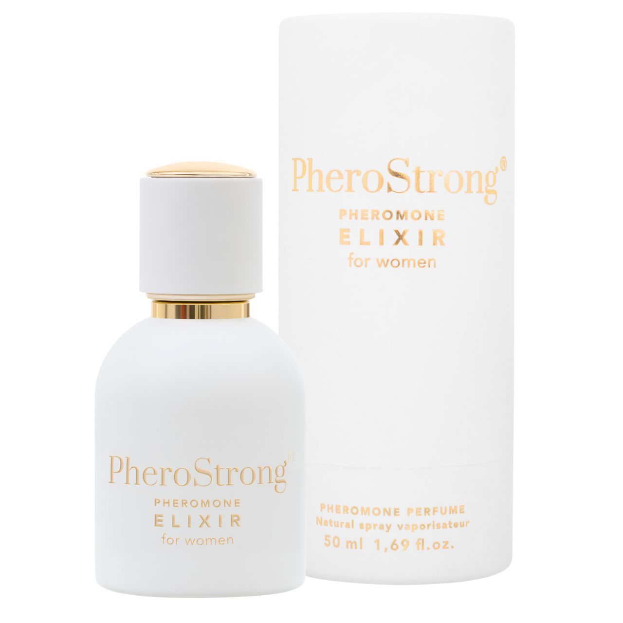 PheroStrong Elixir per donne, flacone bianco con tappo e confezione dorati.
