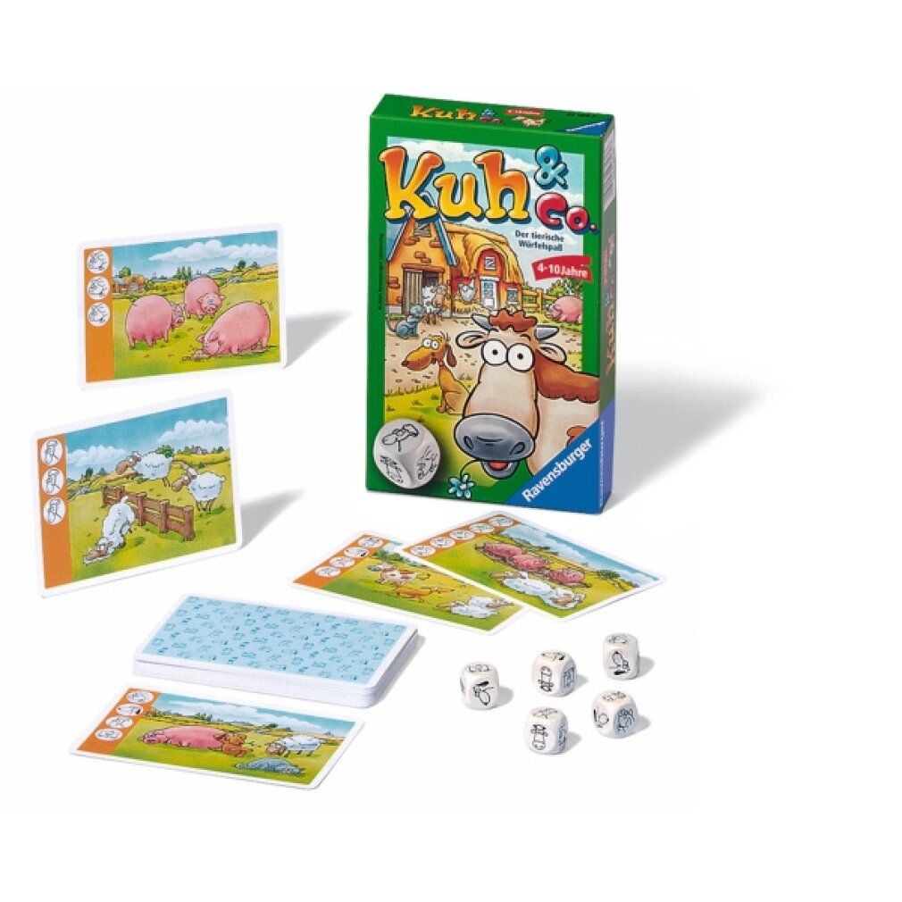 Gioco Kuh & Co. con scatola, carte e dadi. Scatola con illustrazione di mucca. Carte con maiali, pecore. Dadi con simboli animali.