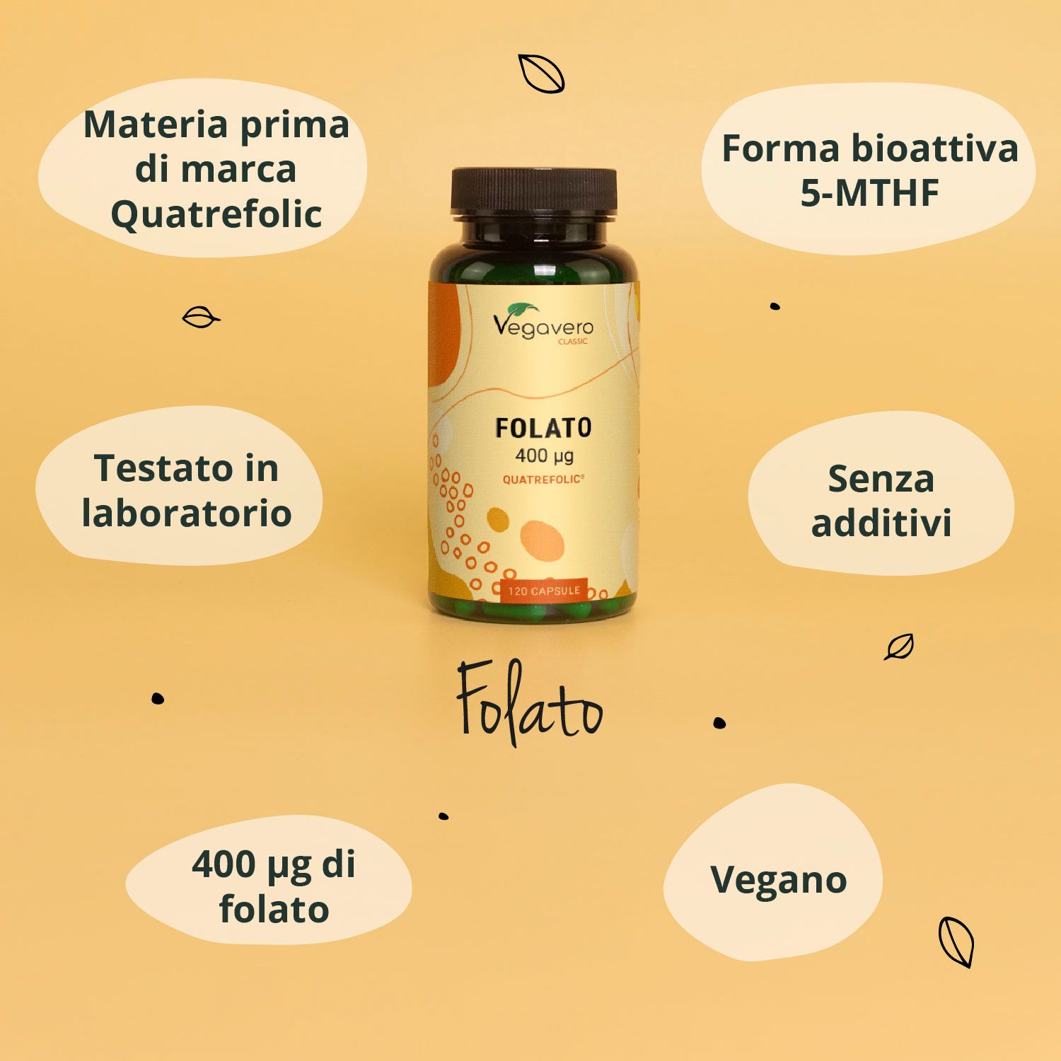 Flacone "Folat 400 µg Quatrefolic" e "120 Kapseln". Testo: Materia prima di marca, Forma bioattiva, Senza additivi.