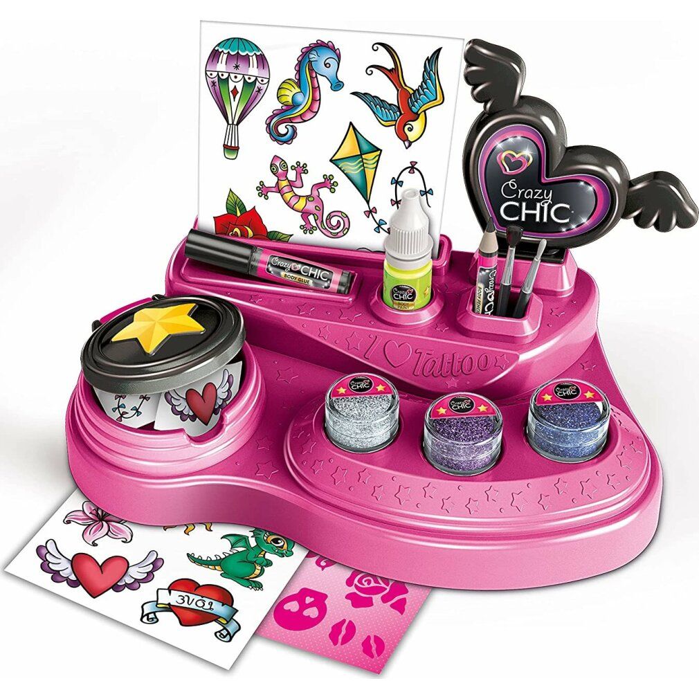 Set Crazy Chic Tattoo rosa con accessori, glitter, stencil e adesivi. Clementoni.