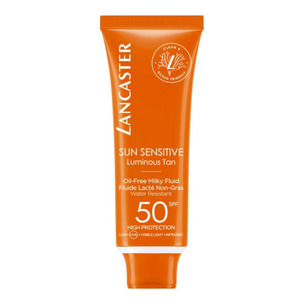 Tubo arancione di crema solare. Testo: Lancaster, Sun Sensitive, Luminous Tan, SPF 50, Alta Protezione.