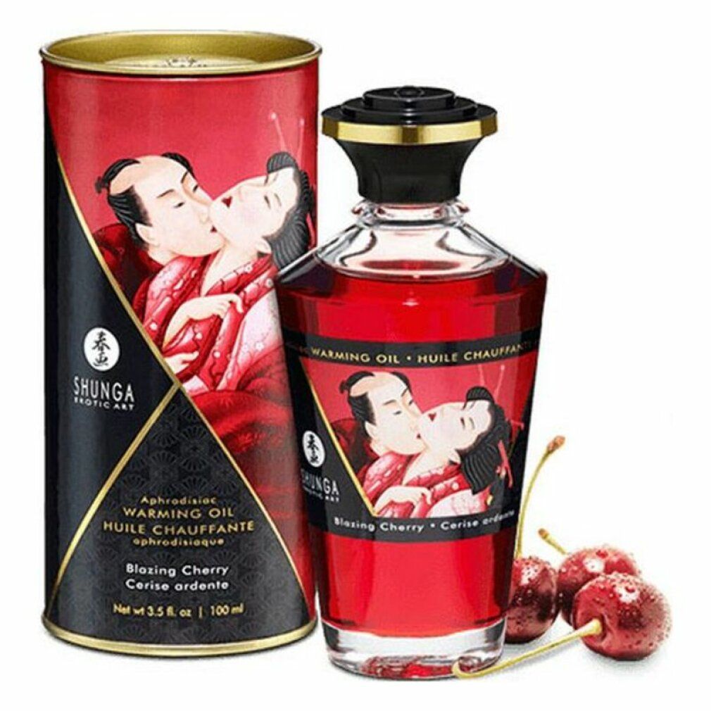 Flacone e scatola cilindrica. Liquido rosso. Illustrazione di coppia che si bacia. Testo: SHUNGA, Warming Oil, Blazing Cherry. Ciliegie.