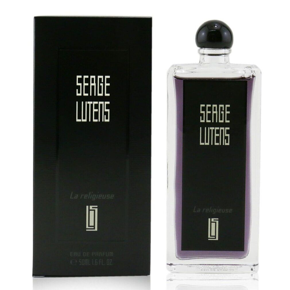 Serge Lutens La Religieuse EdP Nat. Spray. Scatola e flacone neri. Flacone con tappo nero e liquido viola.